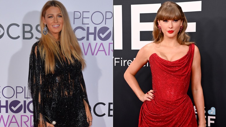 Blake Lively in short black sparkly dress and straight hair. Taylor Swift in one shoulder red sparkly dress and red lips