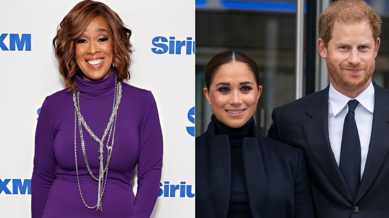 Split image of Gayle King and Meghan Markle and Prince Harry clapping