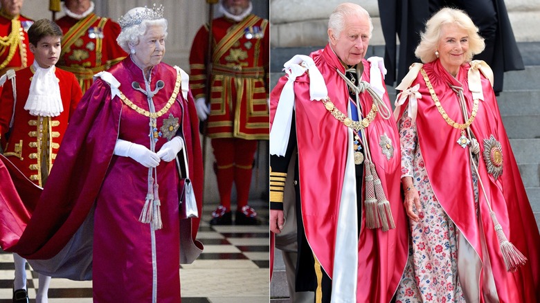 Split image: Queen Elizabeth & King Charles and Queen Camilla, all in OBE robes