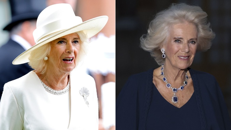 Split image: Queen Camilla in white and navy Dior outfits