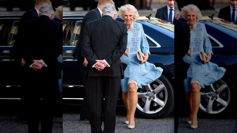 Queen Camilla walking with her slip showing