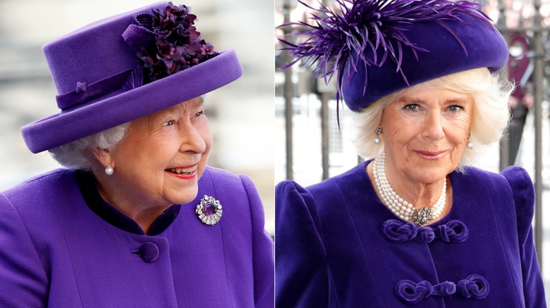 Split image: Queen Elizabeth and Queen Camilla, both in purple