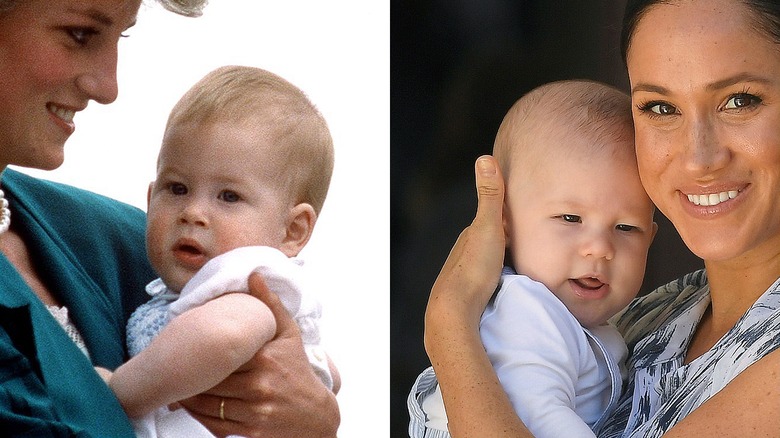 Split image of Princess Diana holding baby Prince Harry and Meghan Markle holding baby Prince Archie