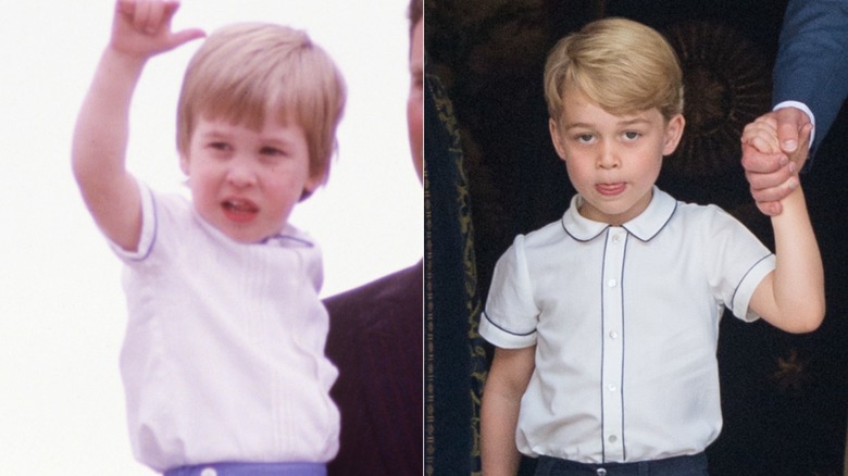 Split image of Prince William and Prince George wearing white shirts