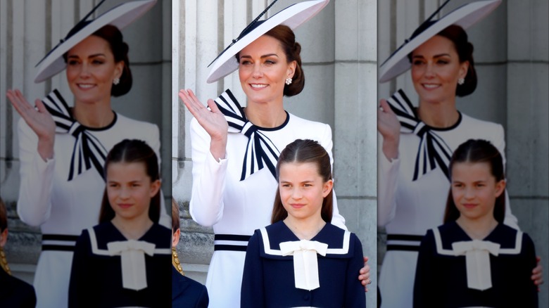 Princess Catherine and Princess Charlotte wearing coordinating outfits