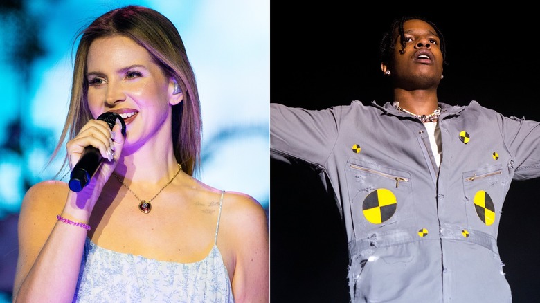 Split image of Lana Del Rey singing and A$AP Rocky onstage