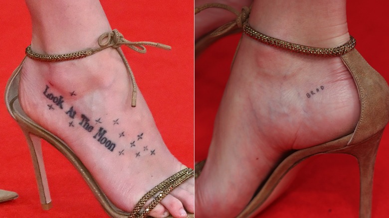 Left: Look at the Moon tattoo on Dakota Johnson's foot, Right: Brad tattoo on Dakota Johnson's foot