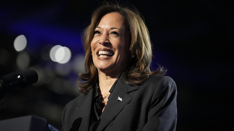 Kamala Harris speaks at a campaign rally at the Wisconsin State Fair Park Exposition Center