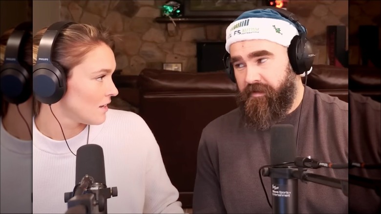 Kylie and Jason Kelce podcasting