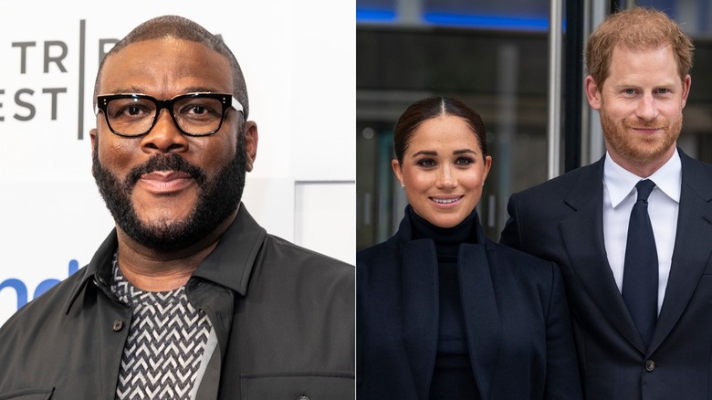 Split photo of Tyler Perry and Prince Harry and Meghan Markle