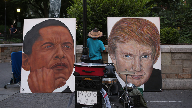 obama and trump paintings side by side