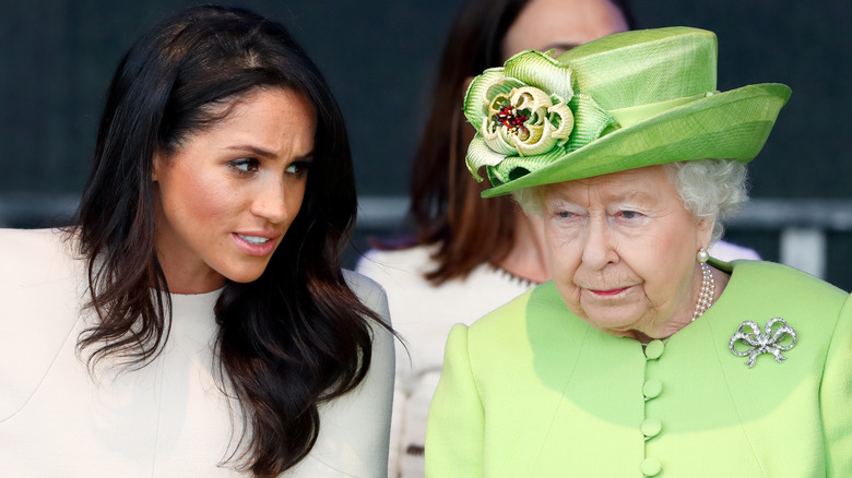 Meghan, Duchess of Sussex and Queen Elizabeth II attend a ceremony to open the new Mersey Gateway Bridge in Widnes, England (2018)