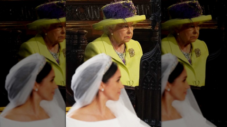 Queen Elizabeth II looks on during the wedding of Prince Harry to Meghan Markle in Windsor, England (2018)