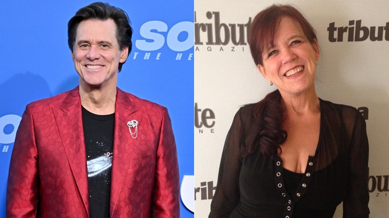 Jim Carrey smiling (L) and Rita Carrey smiling (R)