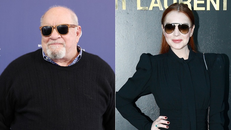 A split image of Paul Schrader and Lindsay Lohan