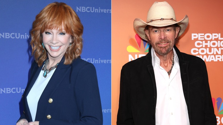 Side by side of Reba McEntire during the 2024 TCA press tour and Toby Keith attending the 2023 People's Choice Country Awards