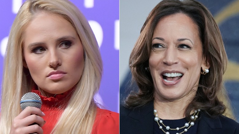 Tomi Lahren looking sideways and Kamala Harris having a laugh