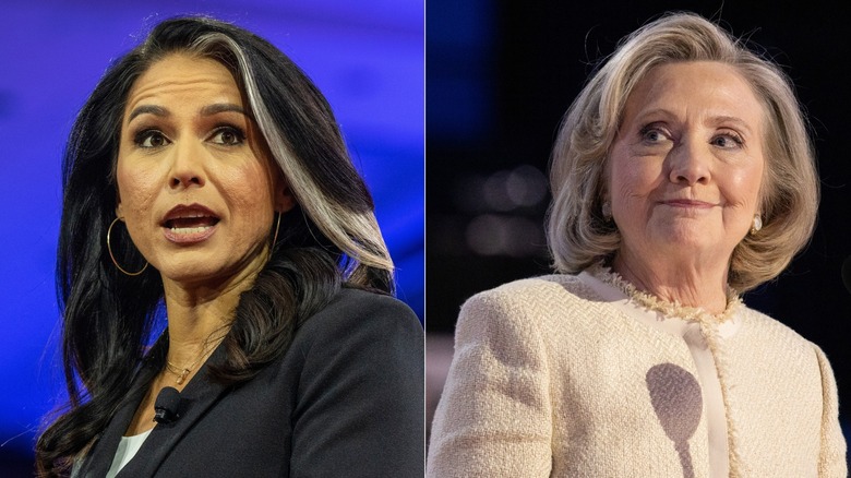 Split image of Tulsi Gabbard and Hillary Clinton