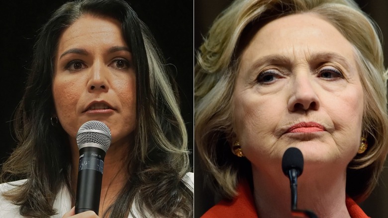 Split image of Tulsi Gabbard and Hillary Clinton