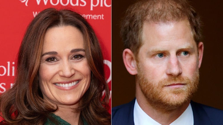 Pippa Middleton smiling & Prince Harry straight-faced