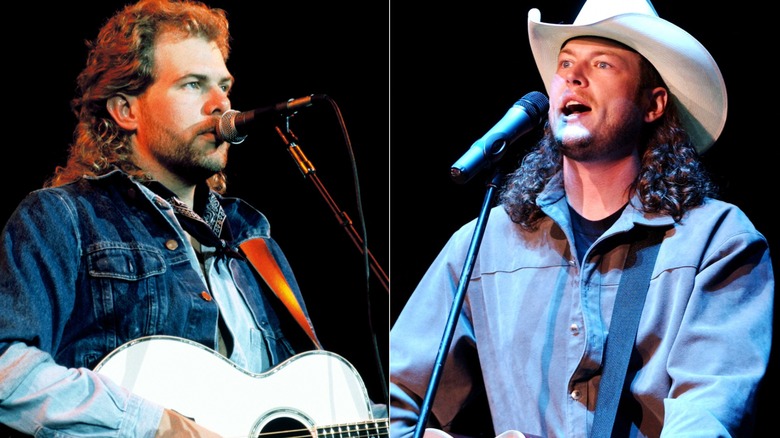 Left: Young Toby Keith performing, Right: Young Blake Shelton performing