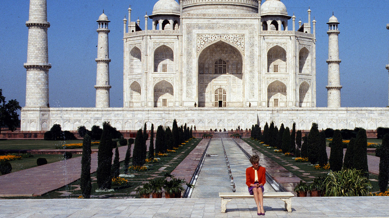 Princess Diana sitting alone in front of the Taj Mahal 