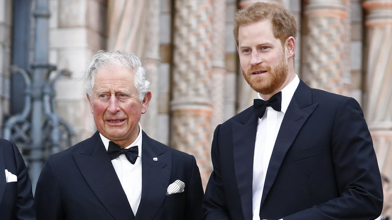 King Charles and Prince Harry in tuxedos