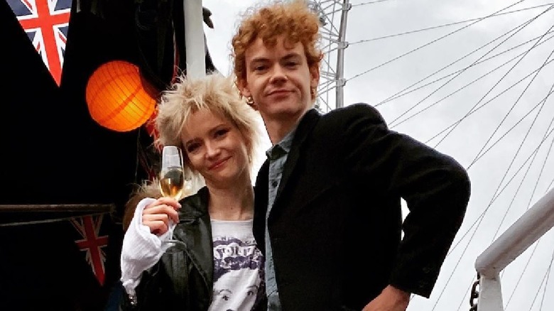 Thomas Brodie-Sangster and Talulah Riley on the set of Pistol