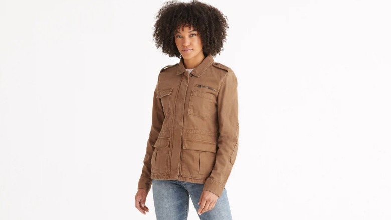 Model wearing a brown field jacket