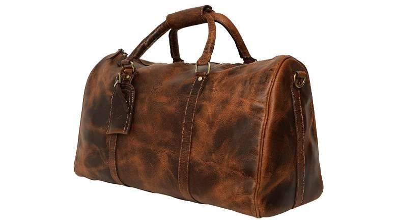 Large brown leather duffle bag