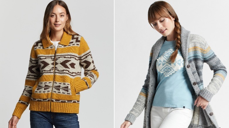 Models wearing colorful cardigan sweaters