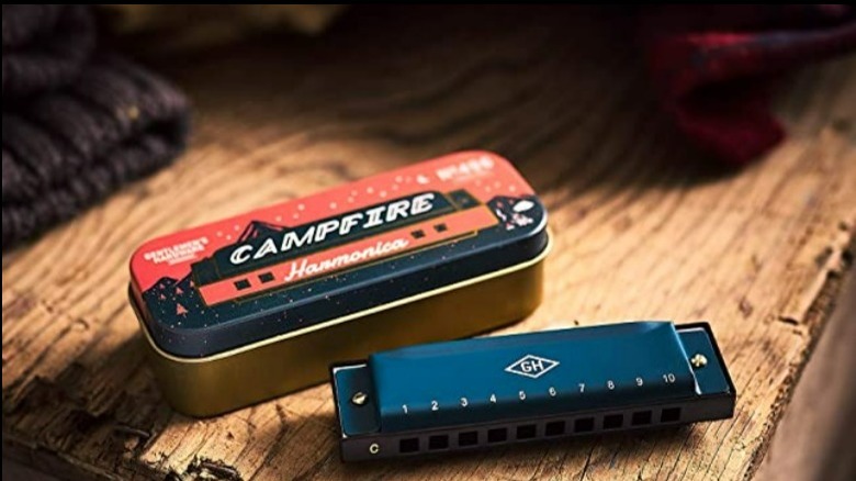 Campfire harmonica on a wood log