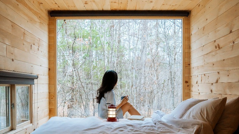 Model sitting in cabin by large window