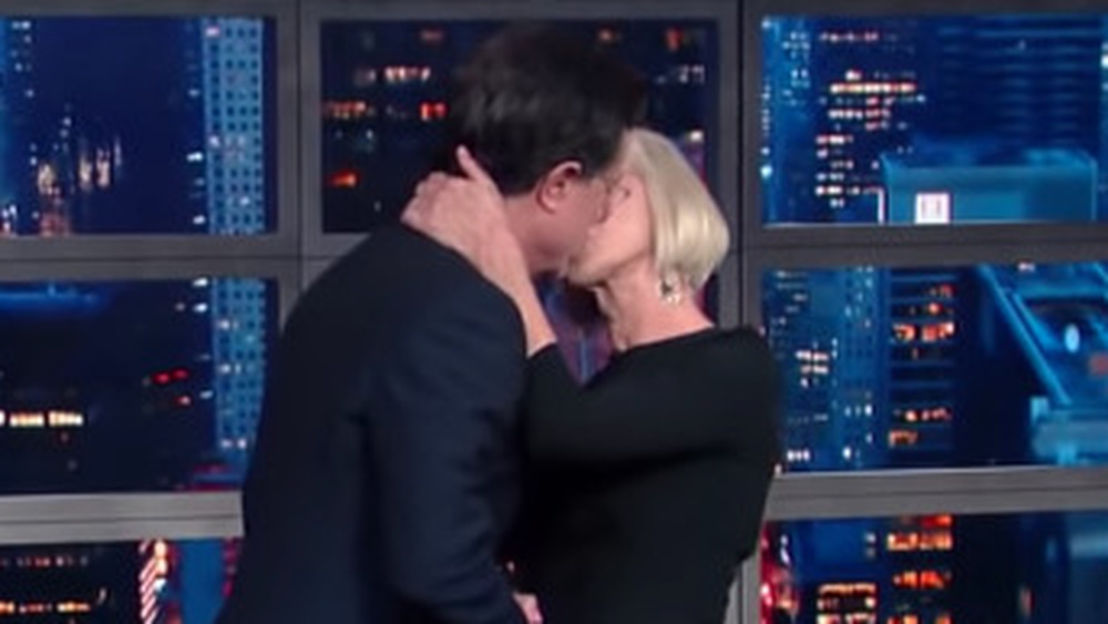 Helen Mirren and Stephen Colbert kissing