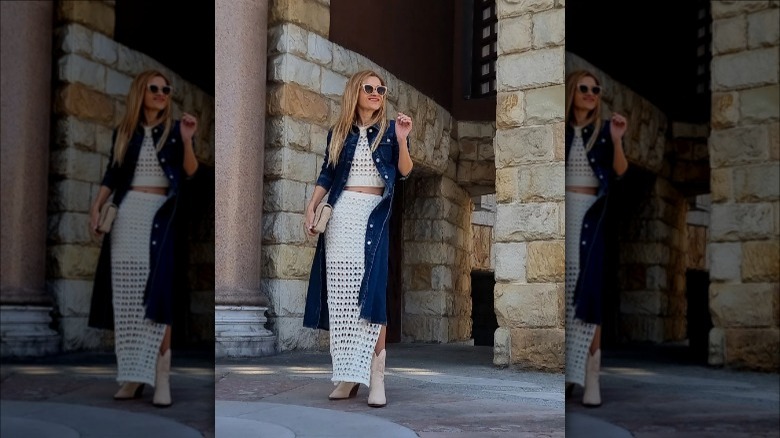 Denim coat dress outfit with cowboy boots 