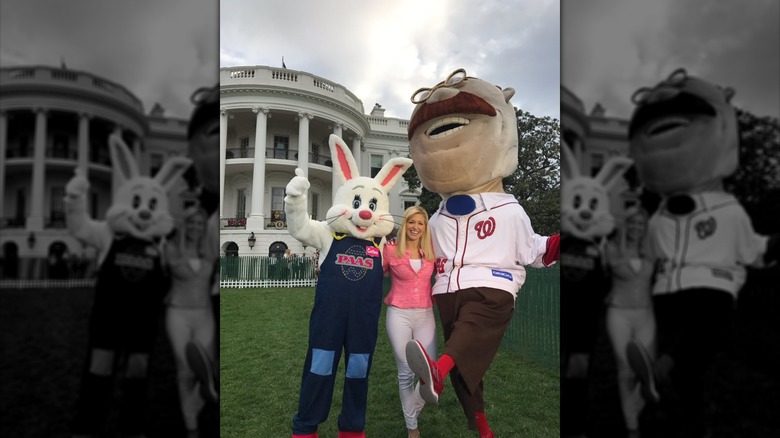 Ainsley Earhardt posing with The Easter Bunny and Racing Teddy Roosevelt