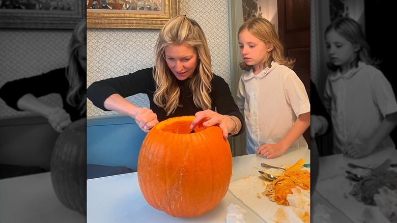 Ainsley Earhardt carving pumpkins at home