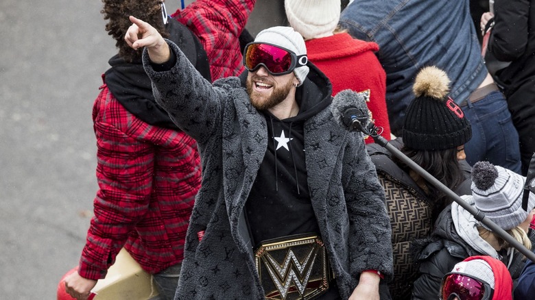 Travis Kelce at the 2024 Super Bowl parade