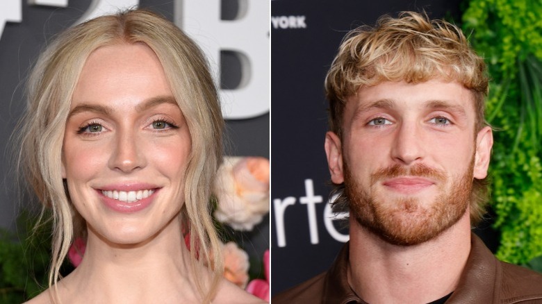 A split image of Logan Paul and Alex Cooper smiling