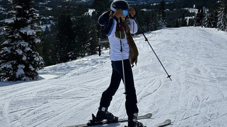 Alexandra Daddario poses on the ski slopes of Big Sky, Montana