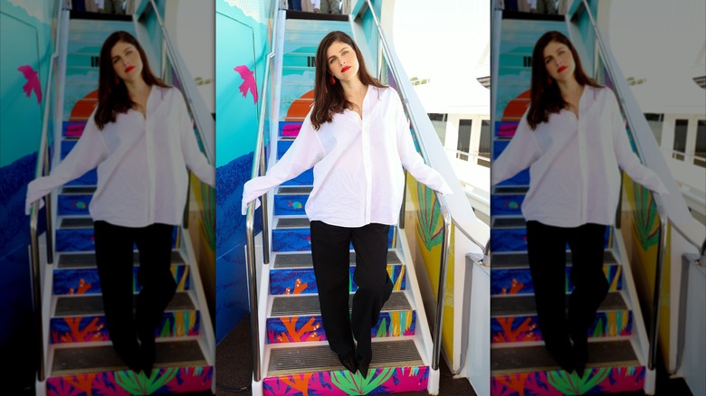 Alexandra Daddario posing on the IMDboat in San Diego