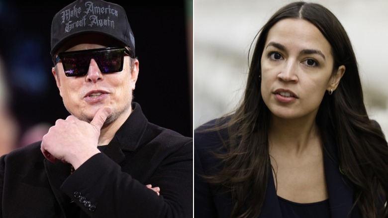 A split image of AOC and Elon Musk