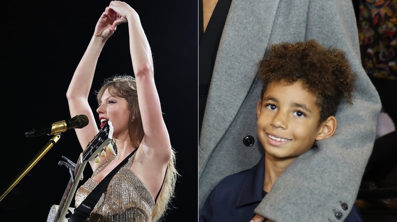 Split image of Taylor Swift heart hands & Genesis Dean smiling