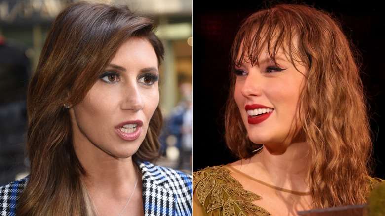 Left: Alina Habba speaking, Right: Taylor Swift smiling