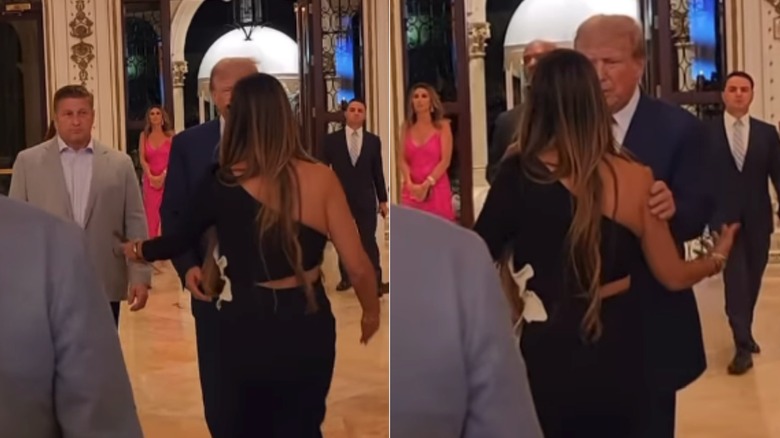 Left: Siggy Flicker approaching Donald Trump for hug, Right: Donald Trump holding Siggy Flicker's arms