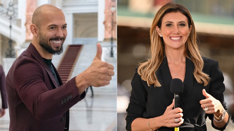 Split image of Andrew Tate and Alina Habba giving thumbs up