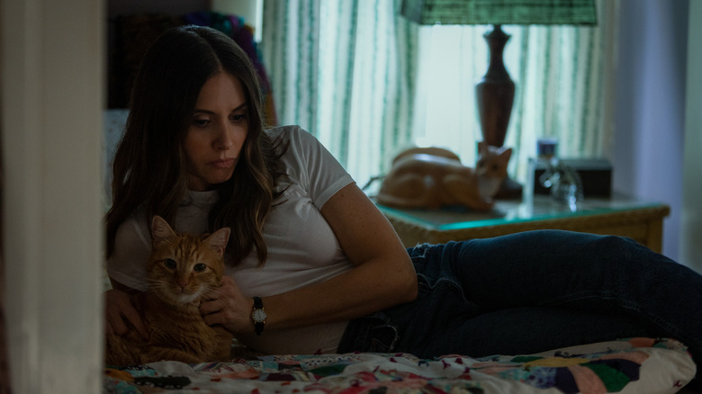 Alison Brie petting cat in Somebody I Used to Know