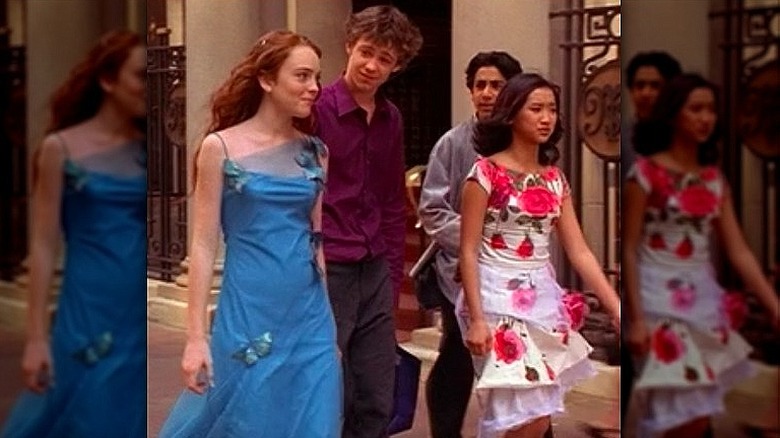 Linsday Lohan wearing a blue dress with butterflies in Get A Clue