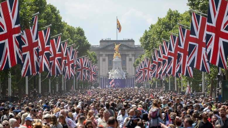 The Mall lined with flags and crowds