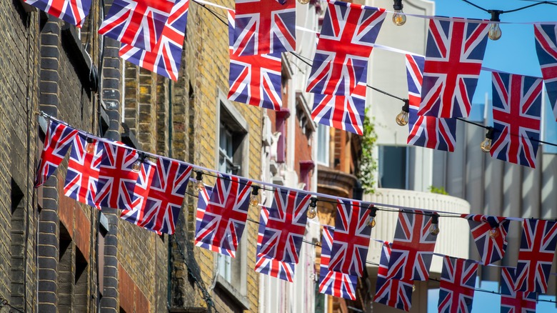 Rows of British flags hanging from buildings
